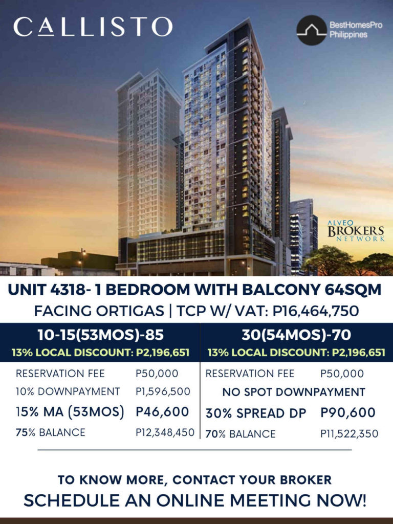 Unit 4318-1 Bedroom with Balcony 64 Square Meters Facing Ortigas. TCP With VAT: PHP 16,464,750
